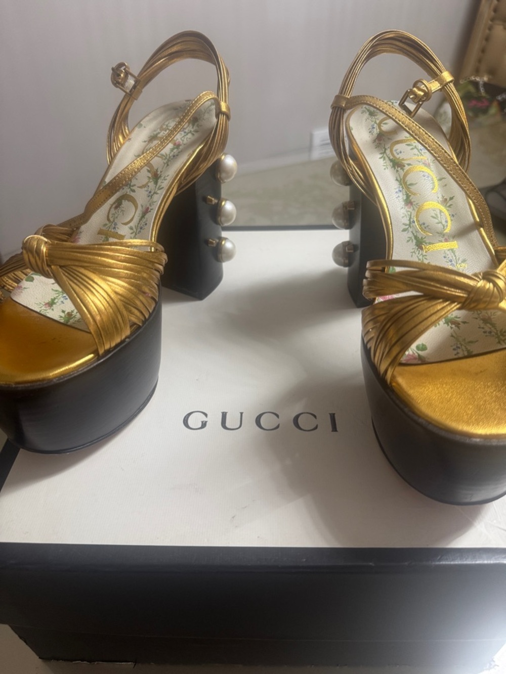Gucci Gold Metallic Pearl-Embellished Platform Sandals